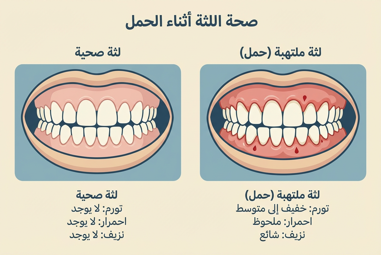 مقارنة طبية توضيحية بين لثة صحية ولثة ملتهبة أثناء الحمل - عيادات دكتور ثامر الأردن