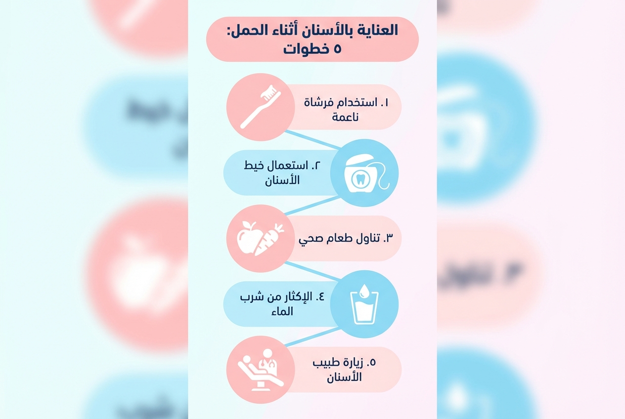 إنفوجرافيك باللغة العربية يوضح 5 خطوات للعناية بالأسنان للحوامل - عمان الأردن