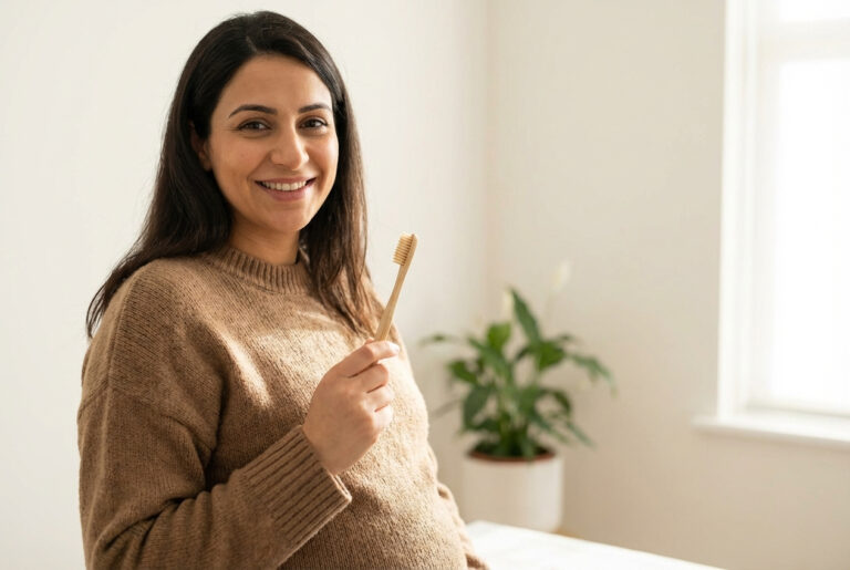 امرأة حامل سعيدة تعتني بصحة أسنانها بفرشاة ناعمة - رعاية صحة الفم أثناء الحمل